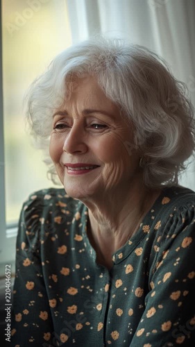 A thoughtful elderly woman gazes out the window, reflecting on life while embodying warmth and serenity in a cozy atmosphere, inspiring feelings of calm and nostalgia.