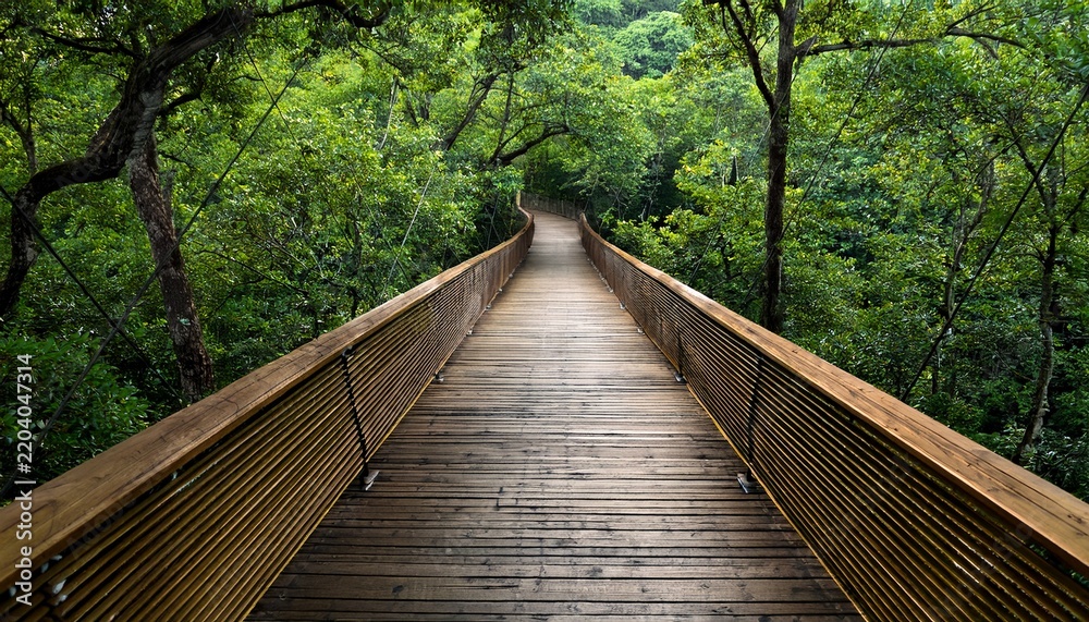 Fototapeta premium wooden walkway bridge leading into lush green forest canopy overhead view