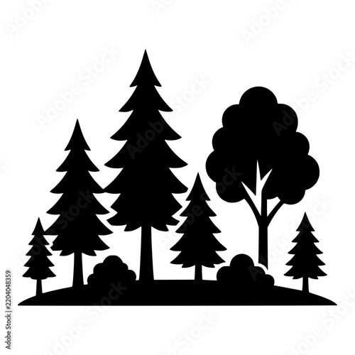Forest Silhouette with Pines, Deciduous Tree and Bushes on a Hill