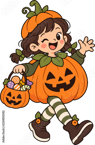 Cute Halloween Pumpkin Girl with Candy Bucket, Jack O Lantern Costume Cartoon Illustration