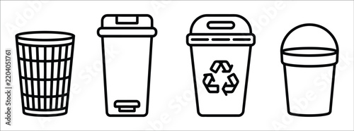 Trash bin and recycling can icon set featuring wire mesh wastebasket, pedal dustbin, recycle symbol container, and bucket for waste management and sanitation.
