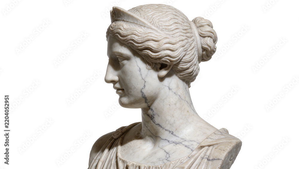 Fototapeta premium Classical marble bust of a woman with intricate hairstyle, isolated on transparent background
