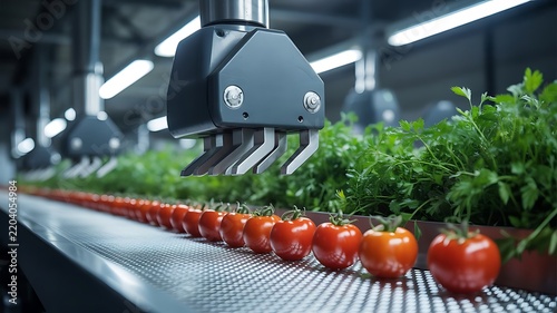 Automated robotic arms processing fresh red tomatoes on a conveyor belt inside a modern industrial food manufacturing plant with bright lighting
