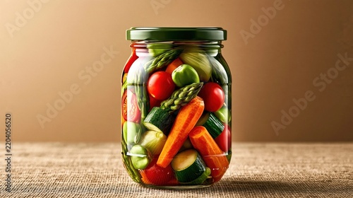 Homemade pickled vegetables in a clear glass jar