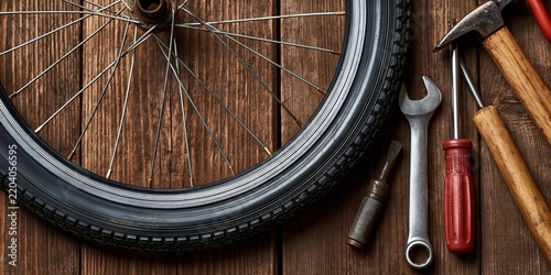 Bike repair equipment laid out on weathered wood