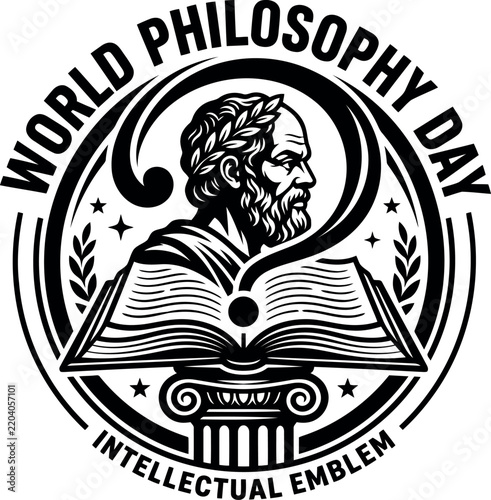 World Philosophy Day Intellectual Emblem Featuring Ancient Scholar Reading Book