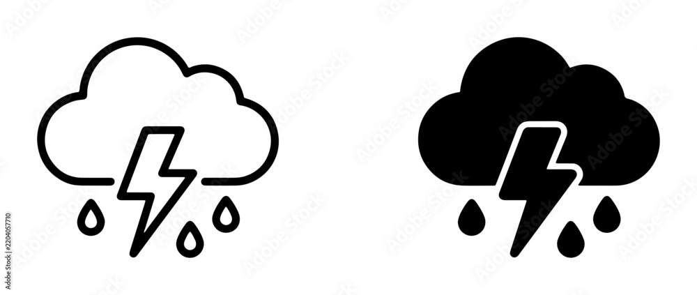 Obraz premium Thunderstorm Icons, Lightning Bolt and Rain Cloud Symbols, Weather Forecast Graphics, Stormy Sky Alerts, Natural Disaster Warnings, Meteorological Data Visuals