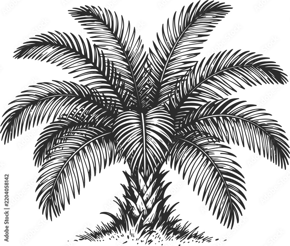Obraz premium Black and white illustration of a palm tree with detailed leaves and textured trunk