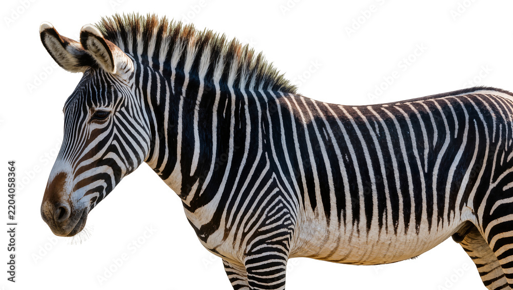 Fototapeta premium Zebra with black and white stripes, standing isolated on transparent background