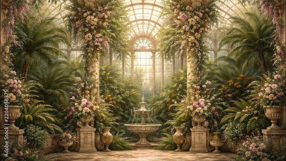 Fototapeta premium Lush greenhouse with ornate fountain.