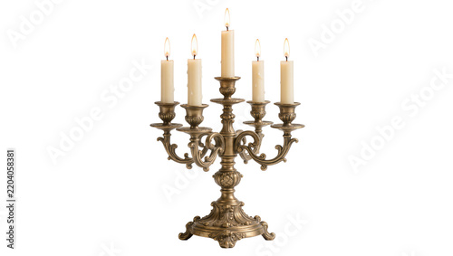 Ornate brass candelabra with five lit cream candles, isolated on transparent background