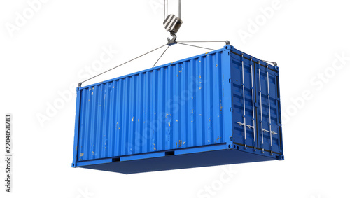 Blue shipping container being lifted by crane hook, isolated on transparent background