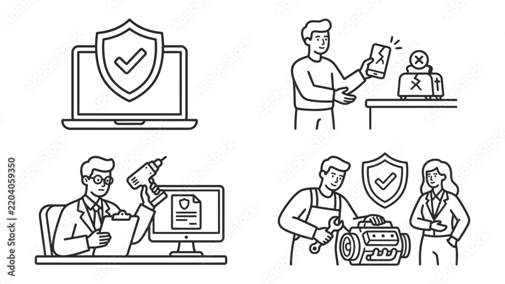 Fototapeta premium Set of Icons for Protection and Repair Services: A collection of four line art icons illustrating cybersecurity, device repair, professional consultation, and mechanical service.