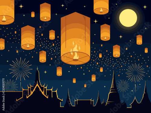 Glowing Sky Lanterns Over Thai Temple Night