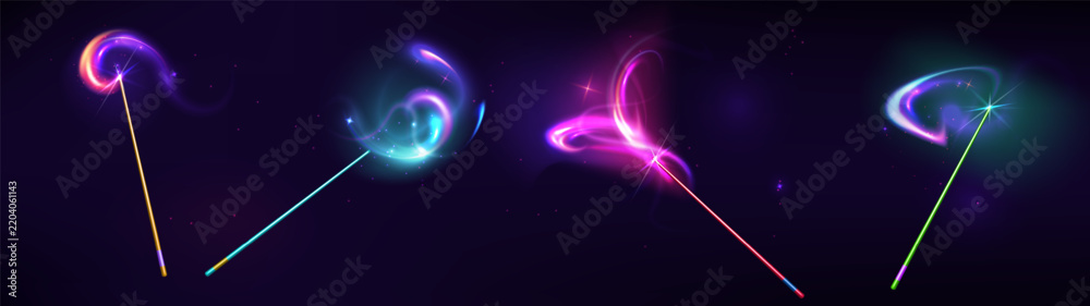 Obraz premium Magic wands with glowing colored light trails and sparkles, glowing fairy tale effects on dark background. Purple swirles, glitter particles and mystical shimmer. Isolated vector illustrations