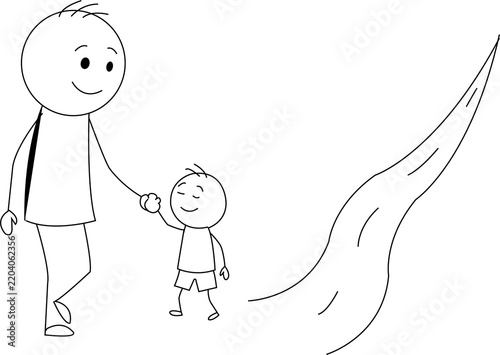 Father and Son Walking Together Hand in Hand on a Path. Parent and Child Holding Hands with a Large Swooping Bird, Black and White Coloring Page