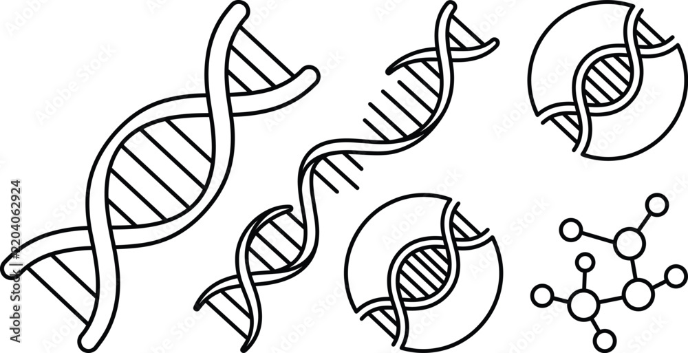Fototapeta premium DNA Double Helix and Molecule Icon Set with Minimalist Black Outline Strands and Atom Nodes for Science Education Laboratory Research and Genetic Biotechnology Designs