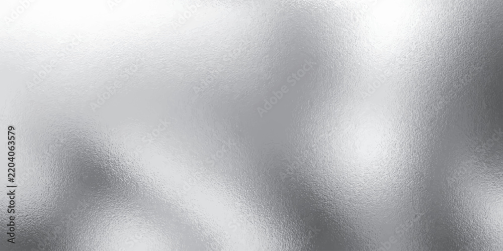 Obraz premium Silver foil background with shiny metallic texture and chrome effect. Glossy aluminum surface with light reflections and abstract holographic pattern for modern design. Realistic vector glass backdrop
