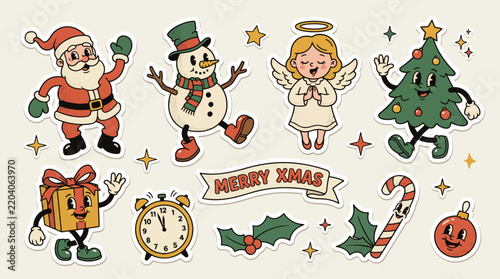 Cheerful Christmas cartoon scene featuring Santa Claus, a snowman, an angel, a decorated Christmas tree, wrapped gifts, a clock, and a Merry Xmas banner.