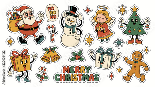 Colorful Christmas sticker set featuring Santa Claus, a jolly snowman, gingerbread man, decorated Christmas tree, gifts, bells, candy canes, and a playful Merry Christmas banner.