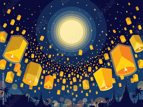 Floating sky lanterns under the bright moonlight