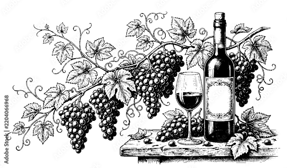 Obraz premium Vintage wine bottle and glass with grape vine bunches on wooden table woodcut vector illustration