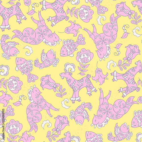 Beautiful folk style animals seamless pattern. Vintage Seamless texture in ethnic style, flowers and plants. Vector illustration