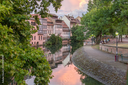 Historic Half Timbered Houses Along Canal in La Petite France Strasbourg at Golden Hour