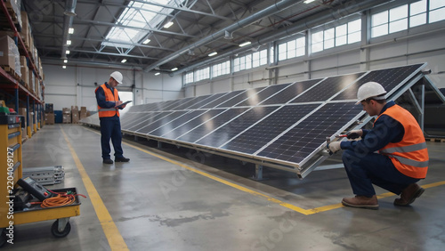 Plakat Workers installing solar panels in a warehouse