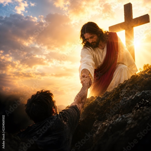 Jesus Christ reaching out a hand to help a struggling man climb a rocky hill near a cross at sunset