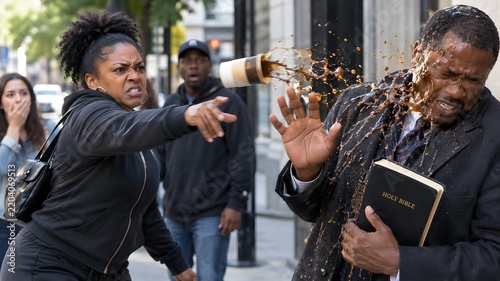 Spilled Coffee Chaos: A woman angrily throws a cup of coffee, splashing a man in a suit who clutches a bible, while onlookers react with shock and dismay on a city street.