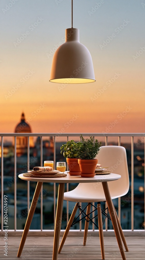 Obraz premium Serene urban balcony lifestyle with warm sunset glow