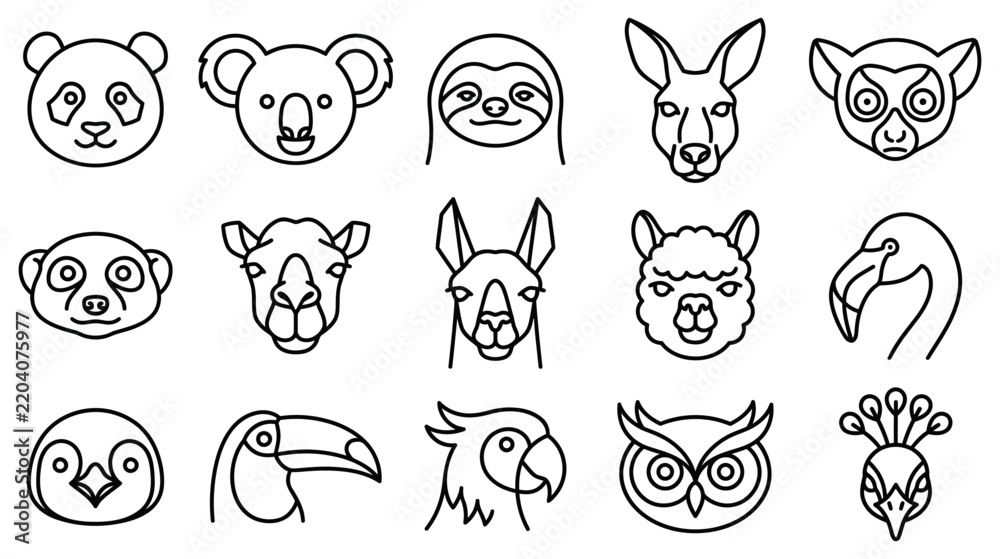 Obraz premium A charming collection of diverse animal face illustrations in a minimalist vector style perfect for design projects