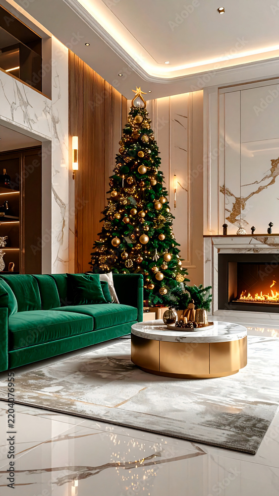 Fototapeta premium Luxury Living Room With Christmas Tree And Green
