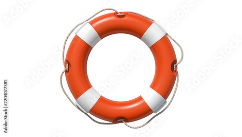 Orange and white striped life preserver ring with rope, isolated on transparent background
