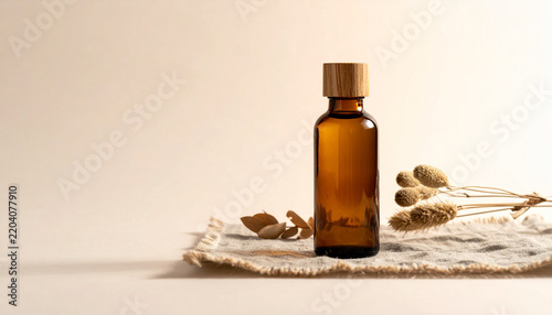 Clear glass body oil bottle with oak cap on linen runner glowing amber in warm side light beside dried botanicals generative AI
