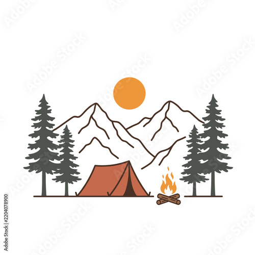 Camping Tent and Campfire Scene Illustration with Mountains and Pines