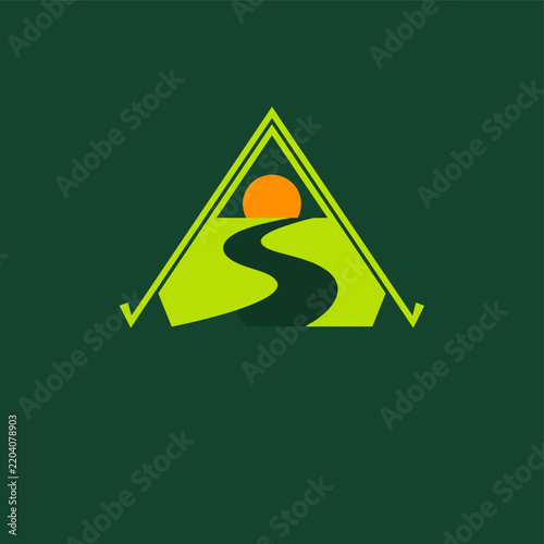 Modern Tent and Mountain River Trail Logo Emblem for Outdoor Brand