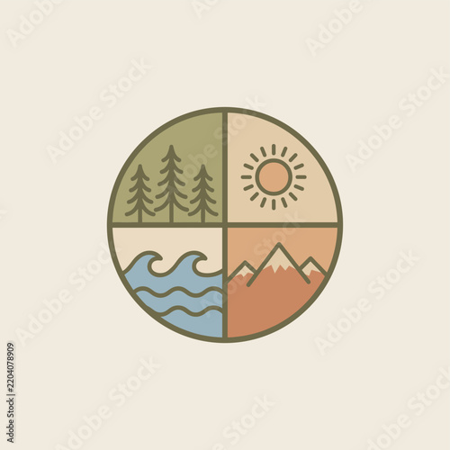 Four Elements Nature Badge Logo with Trees Sun Waves and Mountains