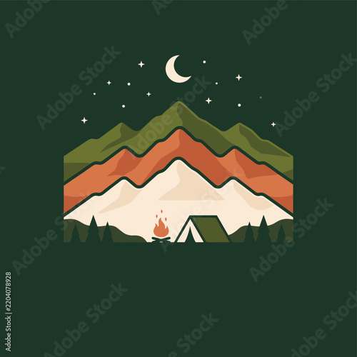 Night Camping Badge with Tent Bonfire Crescent Moon and Mountains