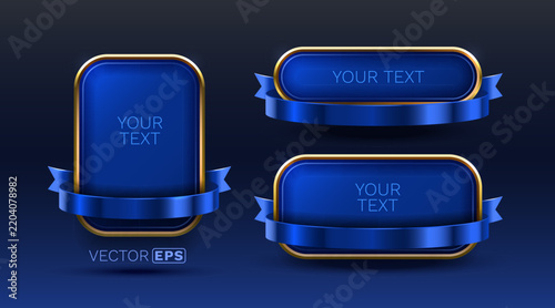 Elegant Blue Glossy Frames with Golden Border and Ribbon Set for premium design. Vector illustration