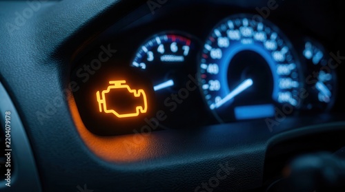Orange check engine light glowing on a vehicle dashboard console.
