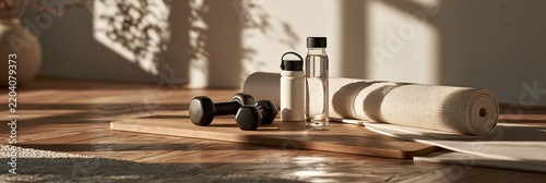 Fitness equipment arranged neatly on wood floor