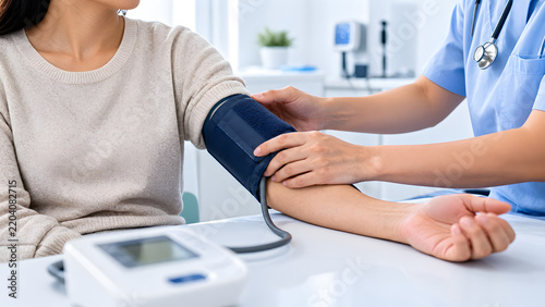 Healthcare worker adjusting blood pressure cuff during screening