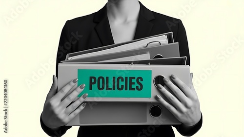 Woman in a black suit holding grey office binders with a teal label marked policies, close up shot on a neutral background, business