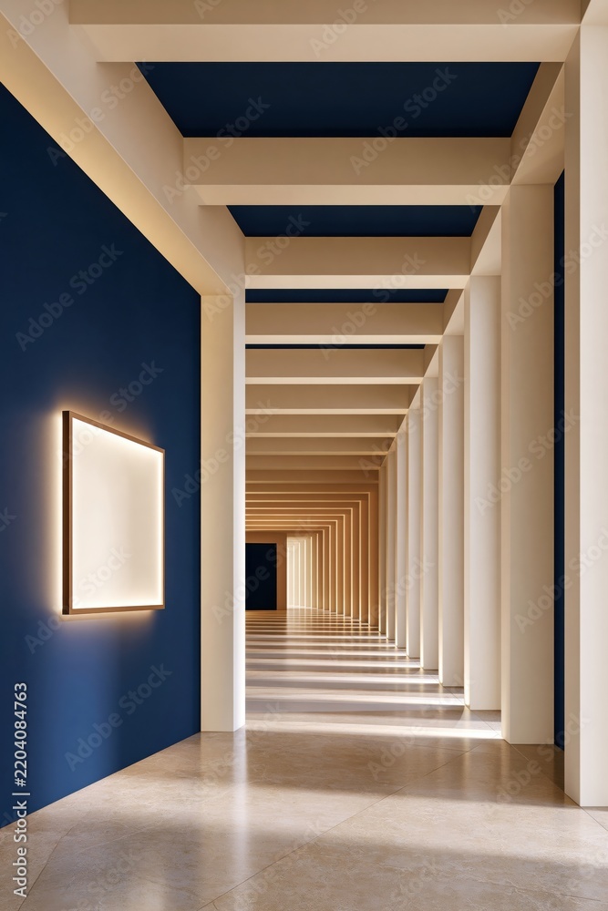 Obraz premium Long modern hallway with cream columns and navy blue ceiling, warm ambient lighting, clean architectural lines, minimalist interior design