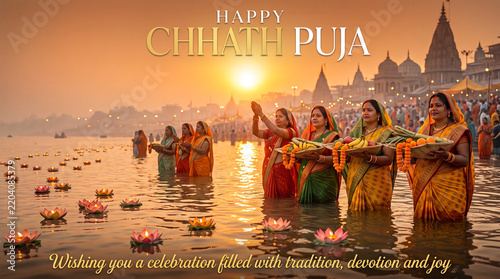 Happy Chhath Puja Greeting Banner With Women Worshipping Sun In Sacred River