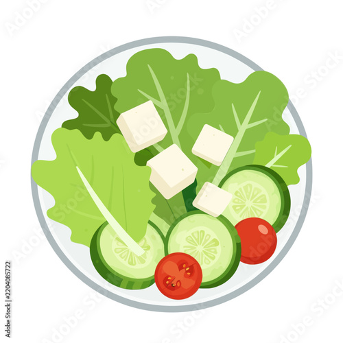 Fresh Greek Salad with Tofu Cubes, Sliced Cucumbers, Red Cherry Tomatoes and Green Lettuce Leaves in a White Bowl, Healthy Vegetarian Vegan Meal Top View Illustration