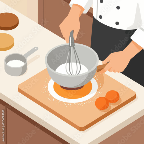 Professional Chef Whisking Cream in a Small Pot on an Induction Cooktop in a Modern Kitchen, Preparing Gourmet Ingredients with Fresh Eggs and Flour for Baking Pastry Desserts