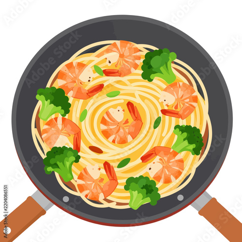 Delicious shrimp pasta with green broccoli florets in a frying pan, top view illustration of gourmet seafood spaghetti meal, healthy homemade Italian cuisine concept, flat vector design